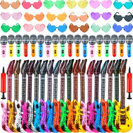 56 Pcs Inflatable Rock Star Toy Set include 18 Inflatable Guitars 18 Blow up Microphones 18 Colorful Heart Shaped Sunglasses and 2 Air Pump for 80s 90s Musical Party Favors
