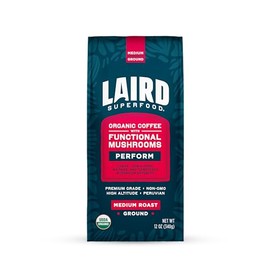 Laird Superfood Peruvian Medium Roast Coffee with Functional Mushrooms, Certified Organic Peruvian Ground Coffee Beans, Gluten-Free, Dairy-Free, Non-GMO, Paleo, Keto Friendly, 12 oz. Bag