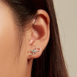 Punk Scorpion Stud Earrings 925 Sterling Silver for Women Men Green Crystal CZ Cool Insect Climber Earrings Cartilage Studs Piercing Gothic Jewelry Hypoallergenic