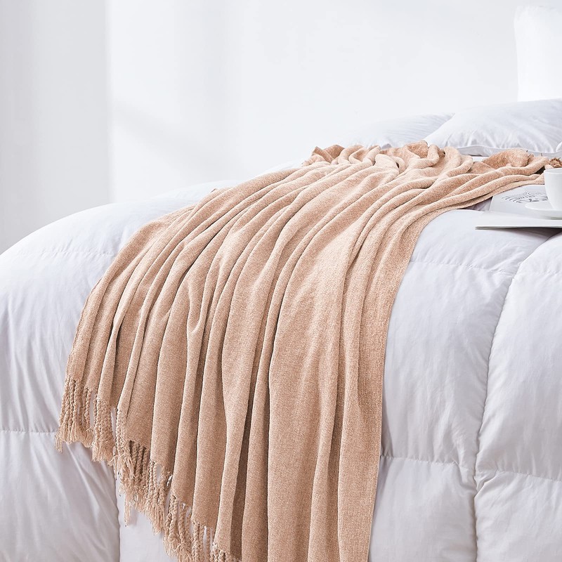 BOURINA Chenille Throw Blanket with Decorative Fringe for Couch Sofa