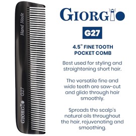 Giorgio G27 Handmade All Fine Tooth Pocket Comb, Hair Comb Straightener for Everyday Grooming Styling Hair, Mustache and Beard for Men Women and Kids, Use Dry or with Balms, Saw Cut and Polished