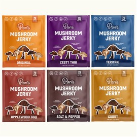 Pan's Mushroom Jerky, Vegan Snack Packs, Plant-Based, Shiitake Mushrooms, Gluten Free, High Fiber, Variety pack of Original, Zesty Thai, Salt & Pepper, BBQ, Curry, Teriyaki (1 Ounce, Pack of 6)