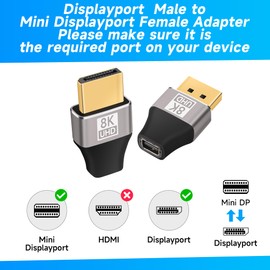 8K DisplayPort to Mini DisplayPort Adapter 2 Pack, Mini DP Female to DP 2.1 Male Bi-directional Connector, Thunderbolt 2 Compatible, Supports 8K@60Hz, 4K@144Hz, for Laptop, PC, Gaming, Monitor, TV