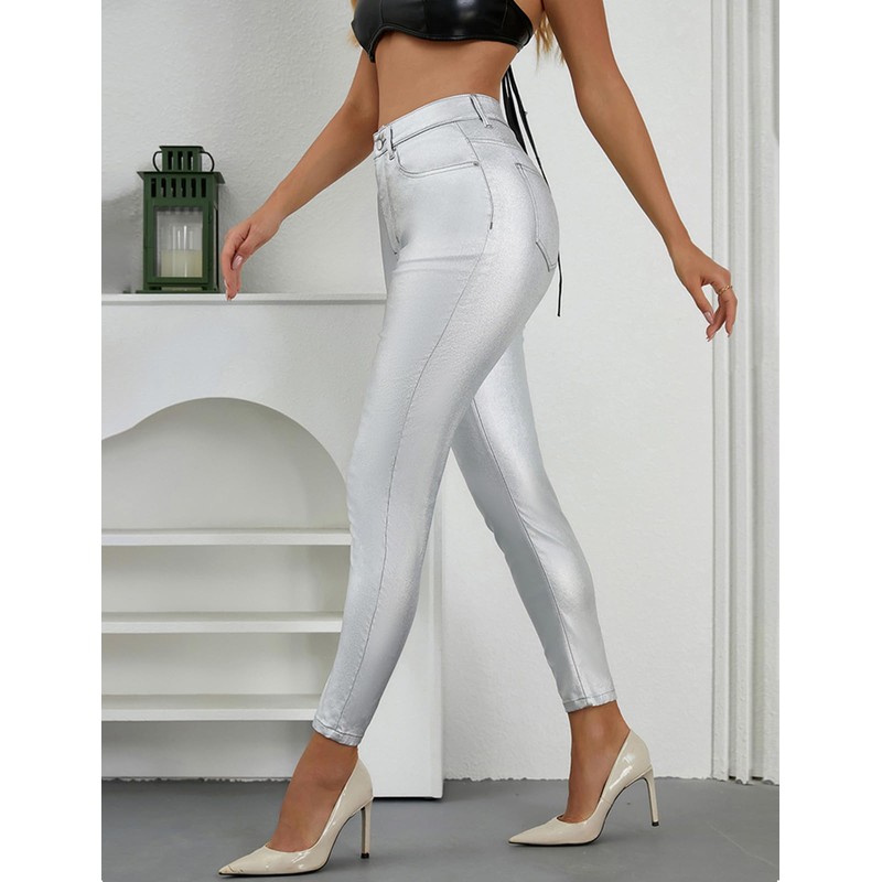 LBDLONGBIDA High Waist PU Leather Pants Stretch Skinny Disco Metallic