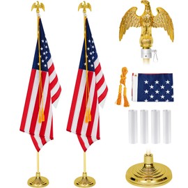Hicarer 2 Set Indoor Telescoping Flag Pole with Base and Eagle Topper Independence Day Veteran Day Portable Flag Pole Kit Heavy Duty Aluminum Gold Telescoping Us Flag for Office School(8 Feet, Metal)