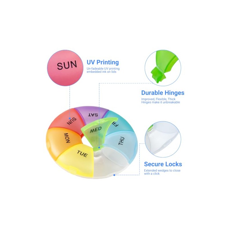 Portable Round Weekly Pill Box 7 Day Dosset Box, Multicolor