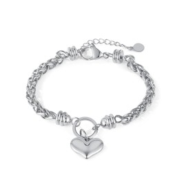 OSTAN Women's Stainless Steel Bracelet with Heart Pendant French Rope Link Bracelet for Women, Stainless Steel
