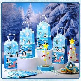 TecUnite 16 Pcs Penguins Party Decoration Penguins Goodie Bags Winter Party Favor Blue Treat Gift Bags with Handles for Birthday Holiday Supplies