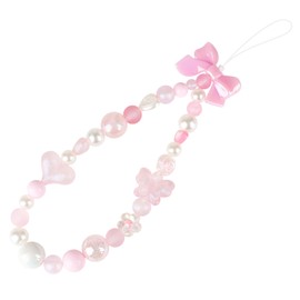 LUVI Beaded Phone Charm Lanyard Wrist Strap Love Heart Bow Beads Butterfly Chain Flower String Pearl Bling Bracelet Keychain Cute Fashion for Women Pink