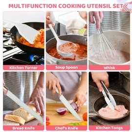 LSFCHUJU 37 PCS Kitchen Utensils Set, Silicone Cooking Utensils Set with Kitchen Knife Set and Holder, Wooden Handle Kitchen Tool Set - Kitchenware Set (Rose Gold White)