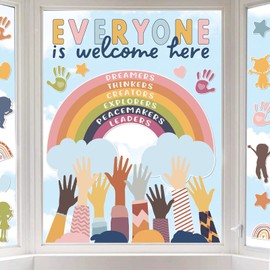 JarThenaAMCS One World Together Window Clings Colorful Hand Rainbow Window Stickers Double Sided Glass Decals for First Day of School Party Home Classroom Wall Blackboard Decor, 6 Sheet