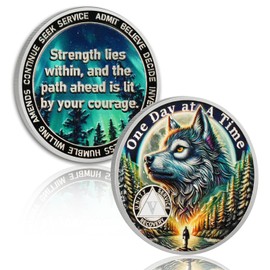 Brave Wolf 5 Year Sobriety Coin - One Day at a Time AA Coin, Alcohol Free Five Year Recovery Chip with Token Capsule, Inspirational Sobriety Gifts for Men & Women