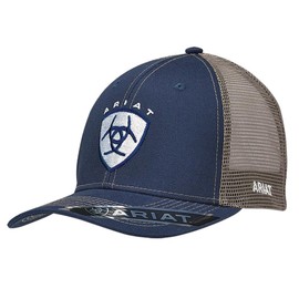 ARIAT Men's Shield Logo Adjustable Cap, Mesh Snap Back, Navy/Tan