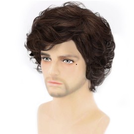 IEBIYO Mens Brown Wig Short Fluffy Brown Wavy Wig for Men Boys Natural Synthetic Costume Hair