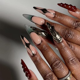 BABALAL Long Stiletto Press on Nails Brown Fake Nails Green French Glue on Nails 3D Ripple Design Sliver Chrome Acrylic Nails 24Pcs Handmade Y2k False Nails Manicure Vintage Almond Stick on Nails