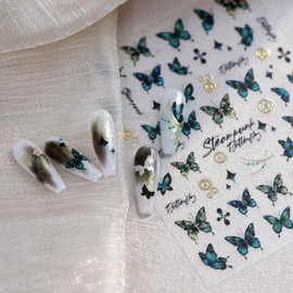 Green Butterfly Nail Stickers 5D Embossed Flower Nail Art Stickers Starlight Nail Decals 3D Self-Adhesive Spring Nail Supplies Summer Nails Decoration Accessories for Women Girls Manicure 1 Sheet