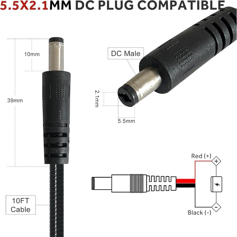 5.5x2.1mm DC Power Cord (1-Pack End-Alligator Clip)