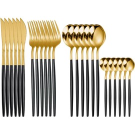 Pantio Juego de Cubiertos de 24 Piezas, Acero Inoxidable, 6 Sets de 4 Piezas, Incluye Cuchillos, Tenedores y Cucharas, Apto para Lavavajillas, Oro Neg