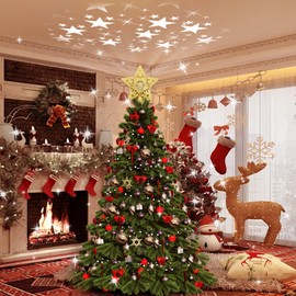 Christmas Star Tree Topper with Rotating LED Projector Lights, 3D Gold Glitter 5-Point Star, Plug-in Tree Top Ornament for Indoor Christmas Tree Decorations Holiday Decor