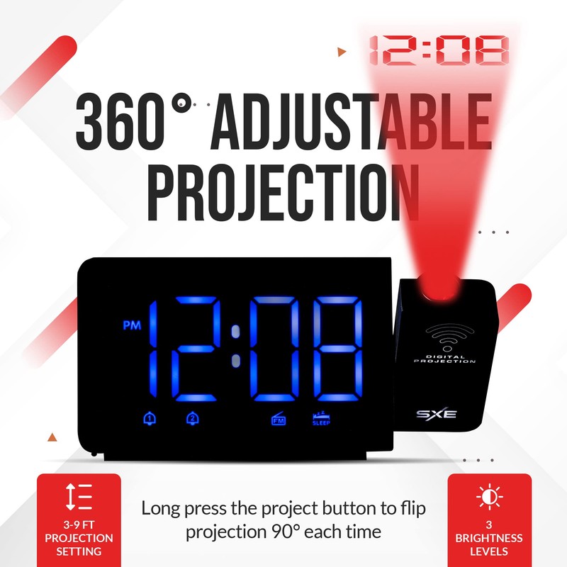 Projection Alarm Clock, Digital LED Clock Radio with 360° Projector,