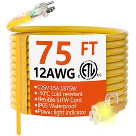 HUANCHAIN 12/3 Gauge Heavy Duty Outdoor Extension Cord 75 ft Waterproof with Lighted end, Flexible Cold-Resistant 3 Prong Electric Cord Outside, 15Amp 1875W 12AWG SJTW, Yellow, ETL