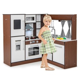 Costway L-Shaped Wooden Kids Corner Kitchen Playset w/ Water Circulation System & Light