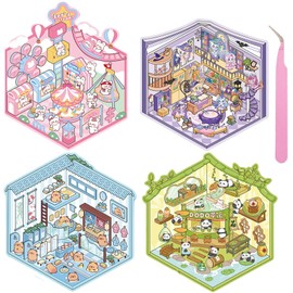Wnqou 4 Sets DIY 3D House Stickers, 3D Scene Stickers Miniature Simulated Cabin Scene Stickers, Cute Cartoon Scenery Stickers for Adults and Kids, Fun Magic House Amusement Park Stickers for Girls