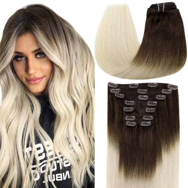 LaaVoo 18" Clip in Real Hair Extensions Ombre Blonde Color Dark Brown to Platinum Blonde 120g Real Hair Extensions Clip in Blonde Human Hair Ombre Silky Soft Dip Dyed