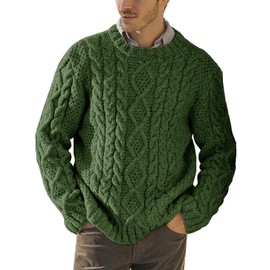 Runcati Men's Chunky Knit Cable Knit Pullover Autumn Winter Crew Neck Jumper Sweater, olive green