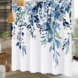 NECSOLE Shower Curtain Blue Shower Curtains for Bathroom, Watercolor Leaf Eucalyptus Shower Curtain Sets Waterproof Plant Shower Curtain Leaves Cloth Bathroom Curtains 72x72 inch with Hooks