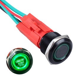 DMWD Push Car Engine Push Button Switch Start Ignition Switch 19mm (ON)-Off Instant Engine Start Push Button Switch Heavy Duty 20Amp 12V 24V with Socket with LED Light (Black Shell Green LED)