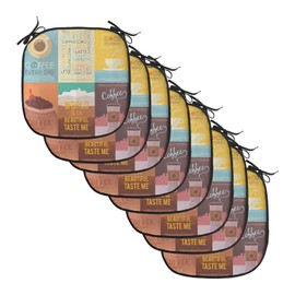 Lunarable Coffee Chair Cushion Pads Set of 8, Group of Coffee Themed Arts with Typography Vintage Ornament Print, Anti-Slip Seat Padding for Kitchen & Patio, 16"x16", Yellow Teal Brown