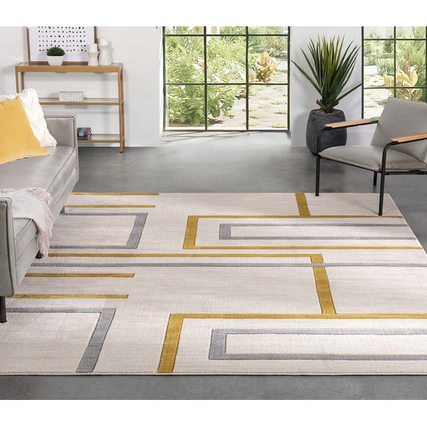 Well Woven Fiora Gold Modern Geometric Stripes & Boxes Pattern Area Rug 5x7 (5'3" x 7'3")