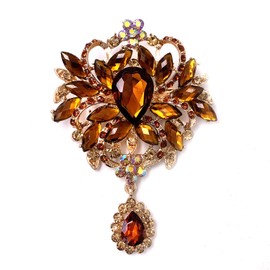 LAXPICOL Wedding Bridal Big Brown Crystal Rhinestone Bouquet Brooch Pin for Women Golden Tone