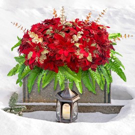 GRPFS Christmas Cemetery Flowers Glitter Poinsettias Headstone Flowers Saddle Realistic Memorial Flower Arrangement with Gold Leaf