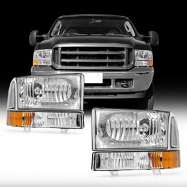 ADCARLIGHTS Headlight Assembly Compatible with 1999-2004 Ford F-250/350/450/550 Super Duty Chrome Housing Clear Lens Amber Reflector Passenger and Driver Side