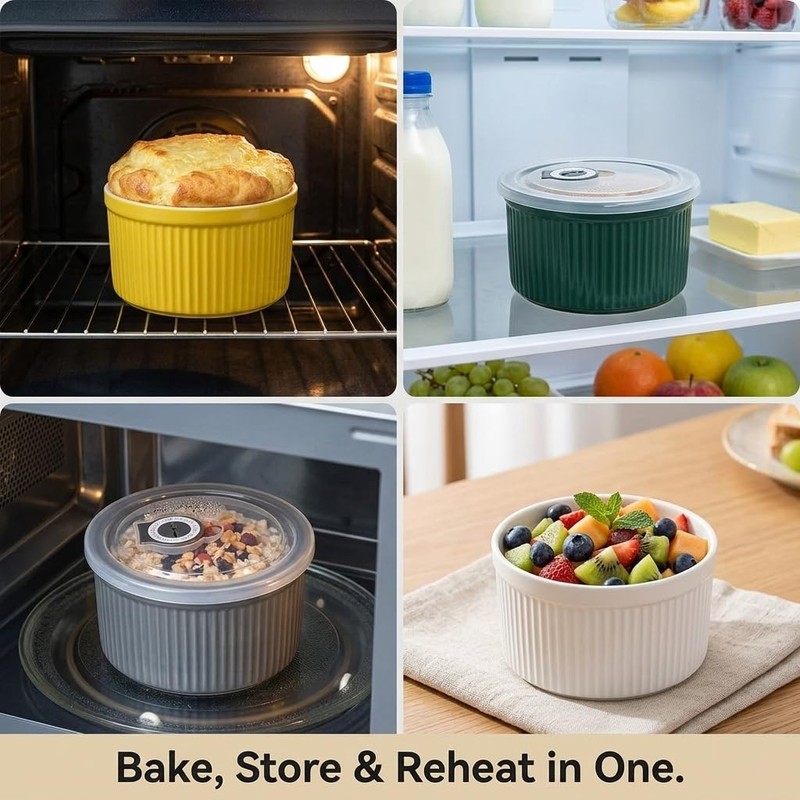 14 oz Ceramic Ramekins with Lids, Set of 4 Oven