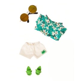 LA Doll Clothes 4-Piece Set - Tropical Hawaiian Green Shirt + White Shorts & Slippers Sunglasses Suitable Age Limit 15+(No Dolls)