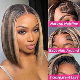 RQY 13x4 Ombre Lace Front Wig Human Hair 8inch Straight Blonde Highlight Wig Human Hair for Women 180% Density FB27 Ombre Black and Blonde Wigs Pre Plucked with Baby Hair