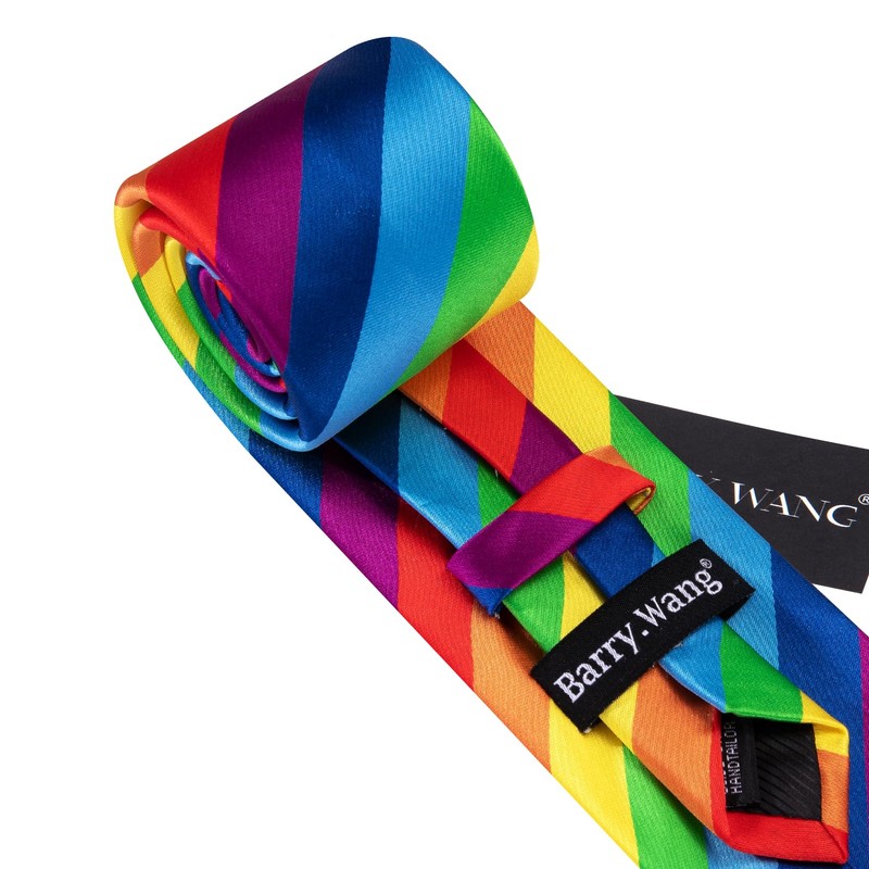 Barry.Wang Men Tie Set Rainbow Silk Necktie Pocket Square Cufflinks