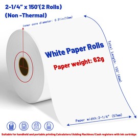 2 1/4" x 150 ft Adding Machine Tape & Calculator Tape Rolls, 2 Pack Calculator Paper Rolls for Most Printing Calculators, POS Systems & Cash Registers(Non Thermal)