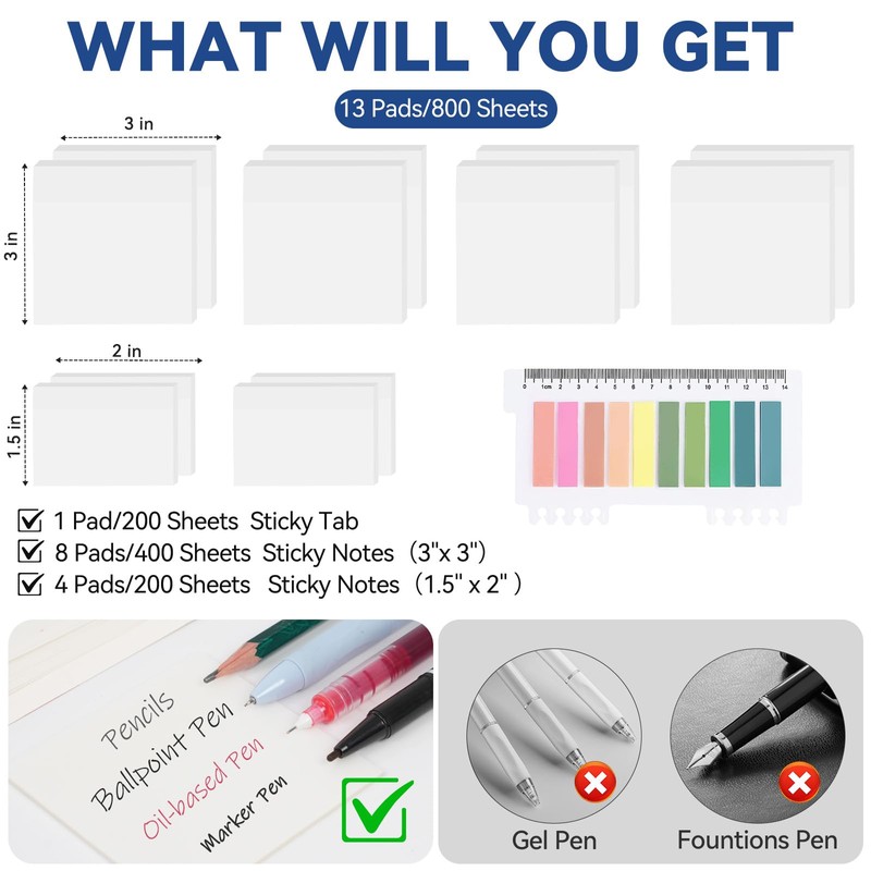 800 Sheets Transparent Sticky Notes with Index Tab, Waterproof &