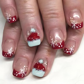 MERVF Christmas Press on Nails Short Square Fake Nails Red Glitter French Tip Glue on Nails Santa Hat Press ons with Snowflake Winter Design Squoval Acrylic Nails Glossy 24pcs