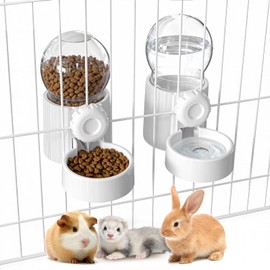 38oz Hanging Automatic Food Water Dispenser, Large Capacity Gravity Rabbit Water Dispenser and Feeder Set, for Bunny Guinea Pig Chinchilla Ferret Cage Accessories (White)