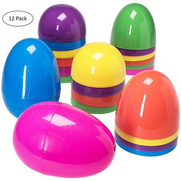 Prextex Jumbo Set of 12 Plastic Easter Eggs - Giant plastic eggs in Assorted Colours to Fill with Candy & Toys for Easter Egg Hunt, Easter Games, Easter Basket Stuffers & Easter Decorations