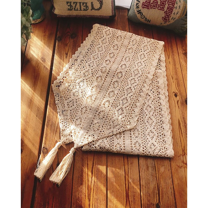 Table Runner 10 x 69 inches, Woven Cotton Crochet Lace