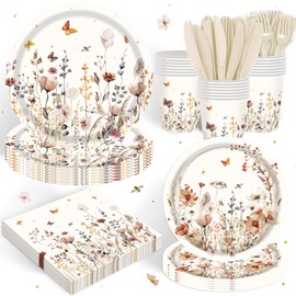 120PCS Wildflower Party Supplies for Girls Baby Shower Boho Autumn Floral Birthday Wedding Party Decorations Fall Flower Tableware Set Plates Napkin Cups for 20 Guests