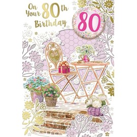 Age 80 Female Birthday Card 80th & Badge - Patio Table Flowers Gold Foil 9x6"