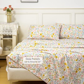 MEISHANG King Sheets Set - Floral Sheets King Ultra Soft Brushed Microfiber Floral Bed Sheets - Deep Pocket Up to 16" - Wrinkle Free - 4 Pieces (King, Meadow Floral)