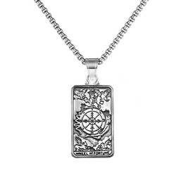 xuanhang Unisex Stainless Steel Tarot Card Pendant Necklace for Men Women,Titanium Steel Tarot Card Wheel of Fortune Charm Jewelry Chain Necklace for Mens,24inch Chain